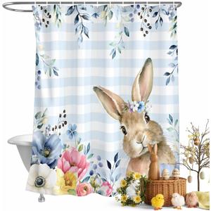 Easter Shower Curtain Bunny Blue Eucalyptus Leaves Bath Curtains Spring Buffalo Plaid Seasonal Waterproof Polyester Fabric Bathroom Shower Curtain Set with 12 Hooks Decoration 72 x 72 Inches