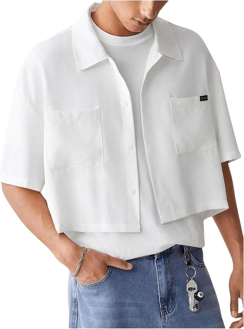 SHENHE Men's Summer Short Sleeve Button Down Crop Shirt Loose Fit Casual Shirt with Pockets, Small
