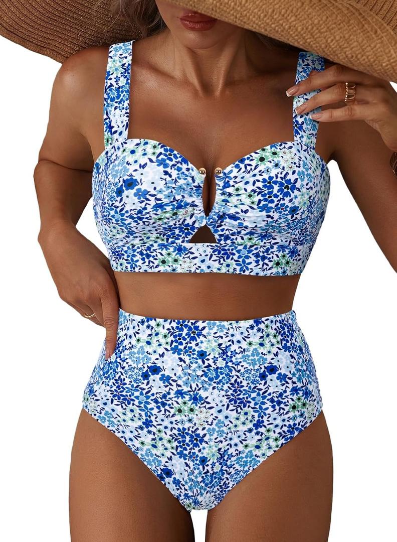 Herseas Women's 2 Piece U Wire Cutout Bikini Sets Floral Print High Waisted Swimsuit 2026 Summer Beach Swim Bathing Suit (X-Large)