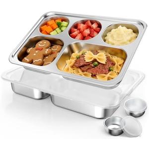 Bakpoco Stainless Steel Divided Plate for Kids Toddler, Non Toxic Portion Control Plate Dinner Plate with Lid for Adults Weight Loss, 2 Pack 5 Sections Rectangular Snack Plate Tray
