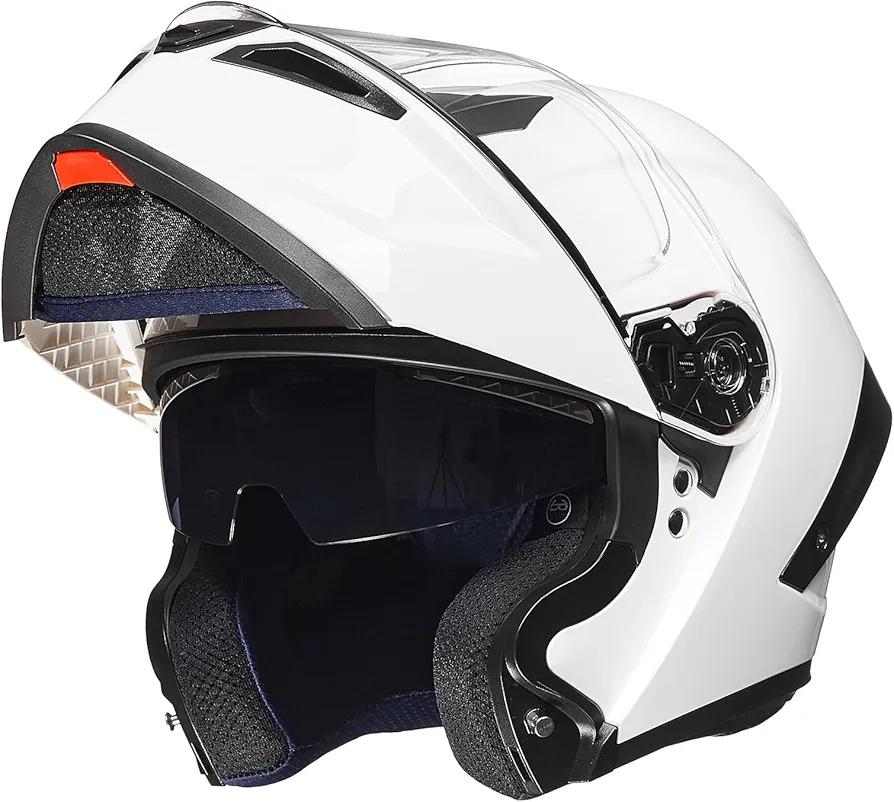 ILM Motorcycle Helmets Modular Full Face Moped Helmet Flip up Dual Visor for Adult DOT WS202 (White, XX-Large)