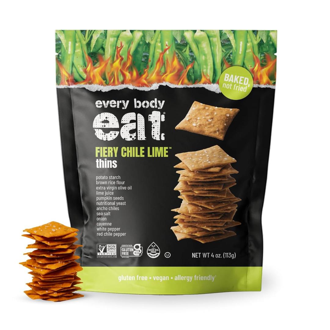 Every Body Eat Snack Cracker Thins, Fiery Chile Lime - Gluten Free, Vegan, Dairy Free, and Seed Oil Free, 4oz (EXP 02/22/26)