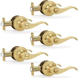 Moquin Privacy Wavy Style Gold Door Handles with Lock (No Key), Brushed Gold Door Handles with Reversible Lever for Bathroom and Closet, Satin Brass, 5 Pack