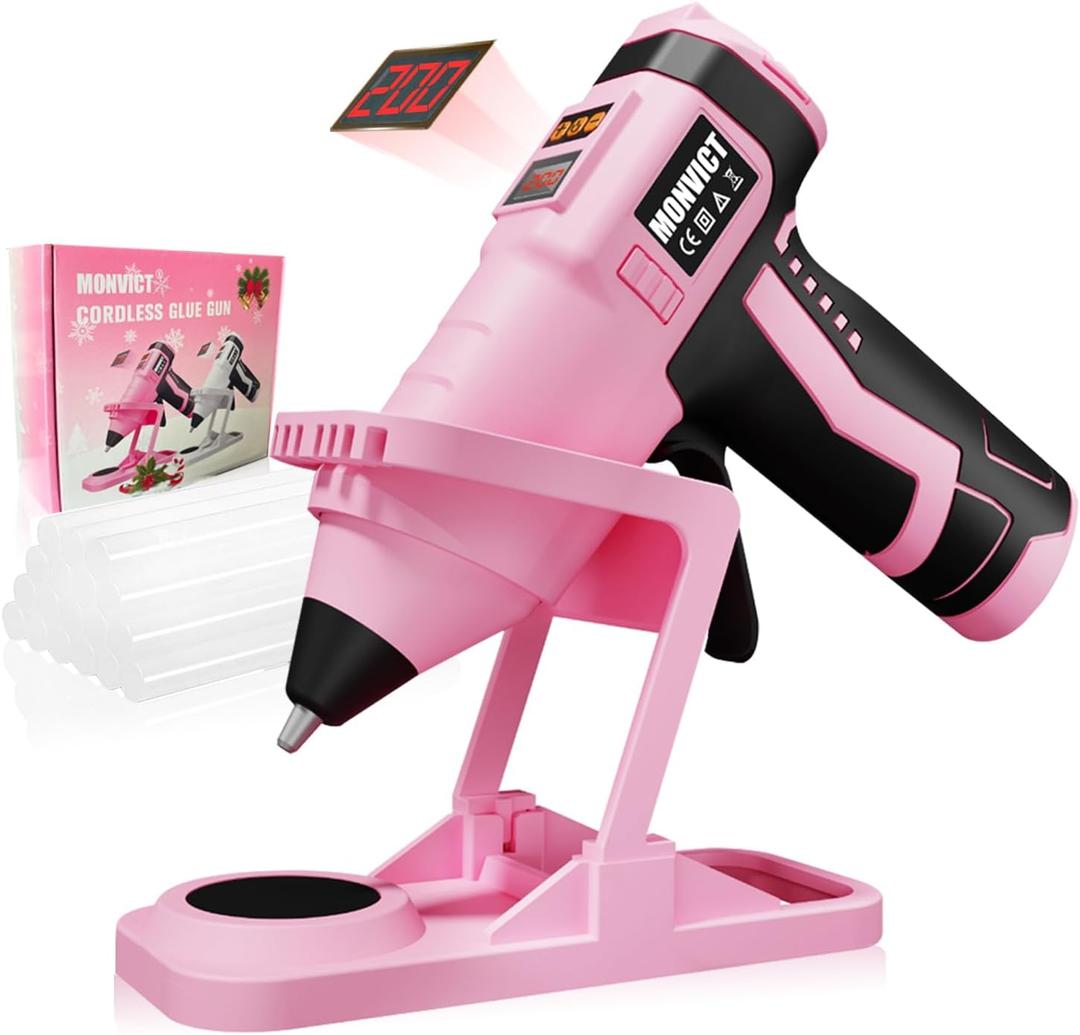 MONVICT 7.4V Cordless Hot GlueGun with Holder Base, Digital Display Adjustable Temp, Smart Auto-Off, Silicone Pad, 2.6A Rechargeable Battery, Full Size Handheld Electric Power with 10 Glue Sticks