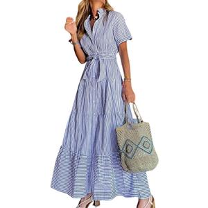 utcoco Womens Casual Short Sleeve Button Down Tie Waist Ruffled Striped Maxi Shirt Dress (Large, Blue)