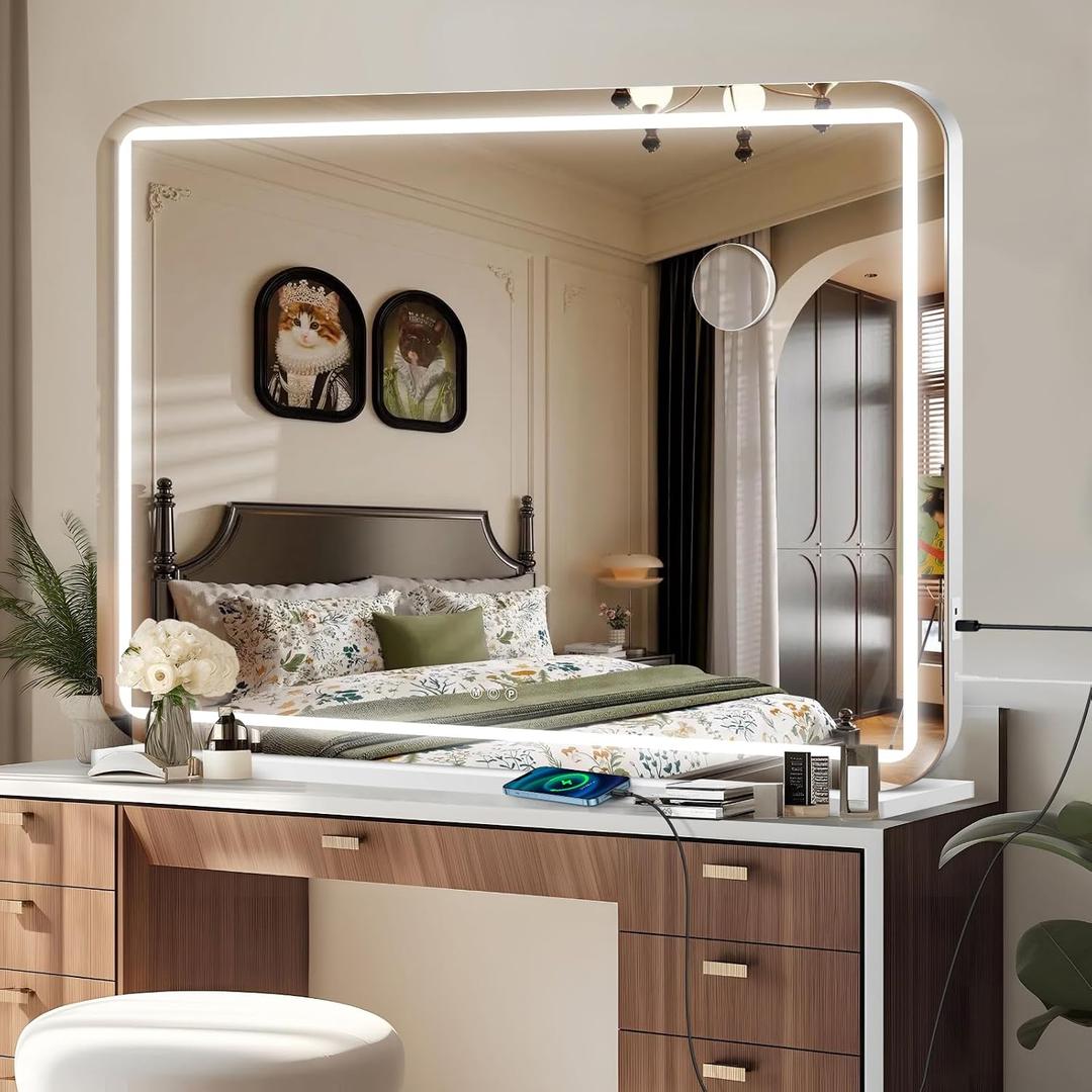 Ratsamee 40" x 30" Vanity Mirror with Lights, Led Makeup Mirror, Lighted Makeup Mirror with 3 Color Dimmable Lights, Smart Touch Screen Control, Aluminum Metal Frame,USB Charging Port