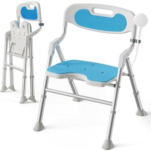 Folding Shower Chair for Inside Shower with Arms and Back, 400 LBS Foldable Bath Seat for Elderly Seniors & Disabled, Heavy Duty Portable Shower Stool with U-Shape Cutout & 6-Level Height (Blue)