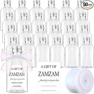 50 Sets Islamic Wedding Favor Zamzam Water Bottle Muslim Wedding Prayer Favor for Guest with Thank You Card and Ribbon for Islamic Nikkah Walima Gift Muslim Marriage Gift (120 ml, Modern)