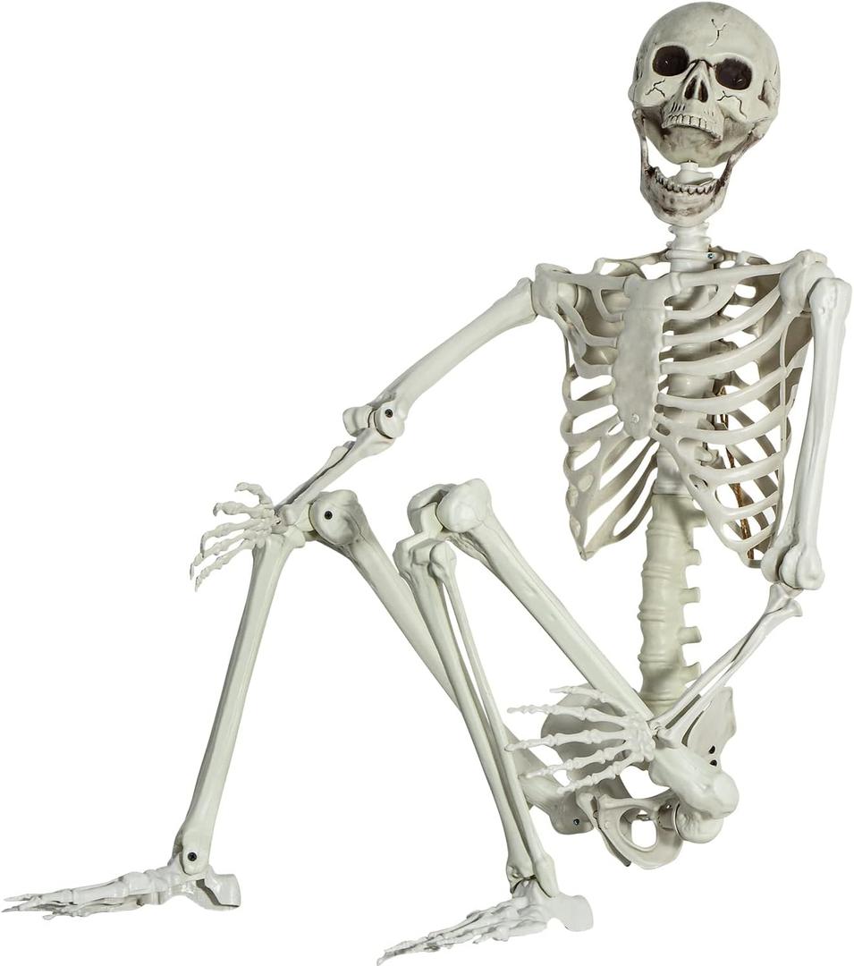 5.4Ft/165cm Posable Halloween Skeleton, Full Body Life Size Skeleton with Movable Joints for Indoor Outdoor Halloween Decorations, Spooky Party Props Decor