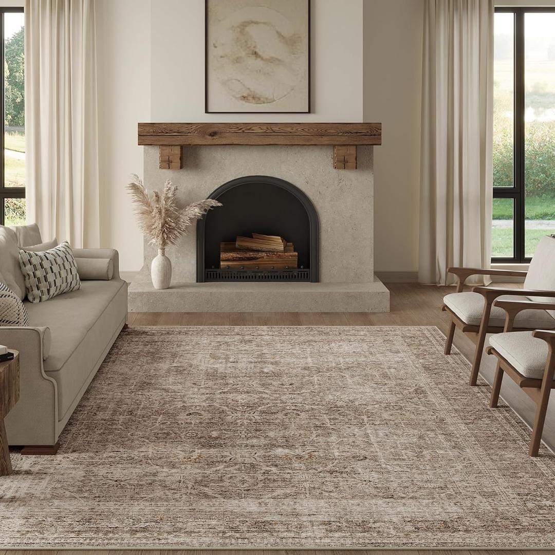 FMFUNCTEX 10x14 Washable Area Rug Taupe Vintage Neutral Distressed Large Non Slip Carpet for Living Room Bedroom Soft Low Pile Indoor Mat Retro Floral Throw Rug for Dining Room Kitchen Office Nursery