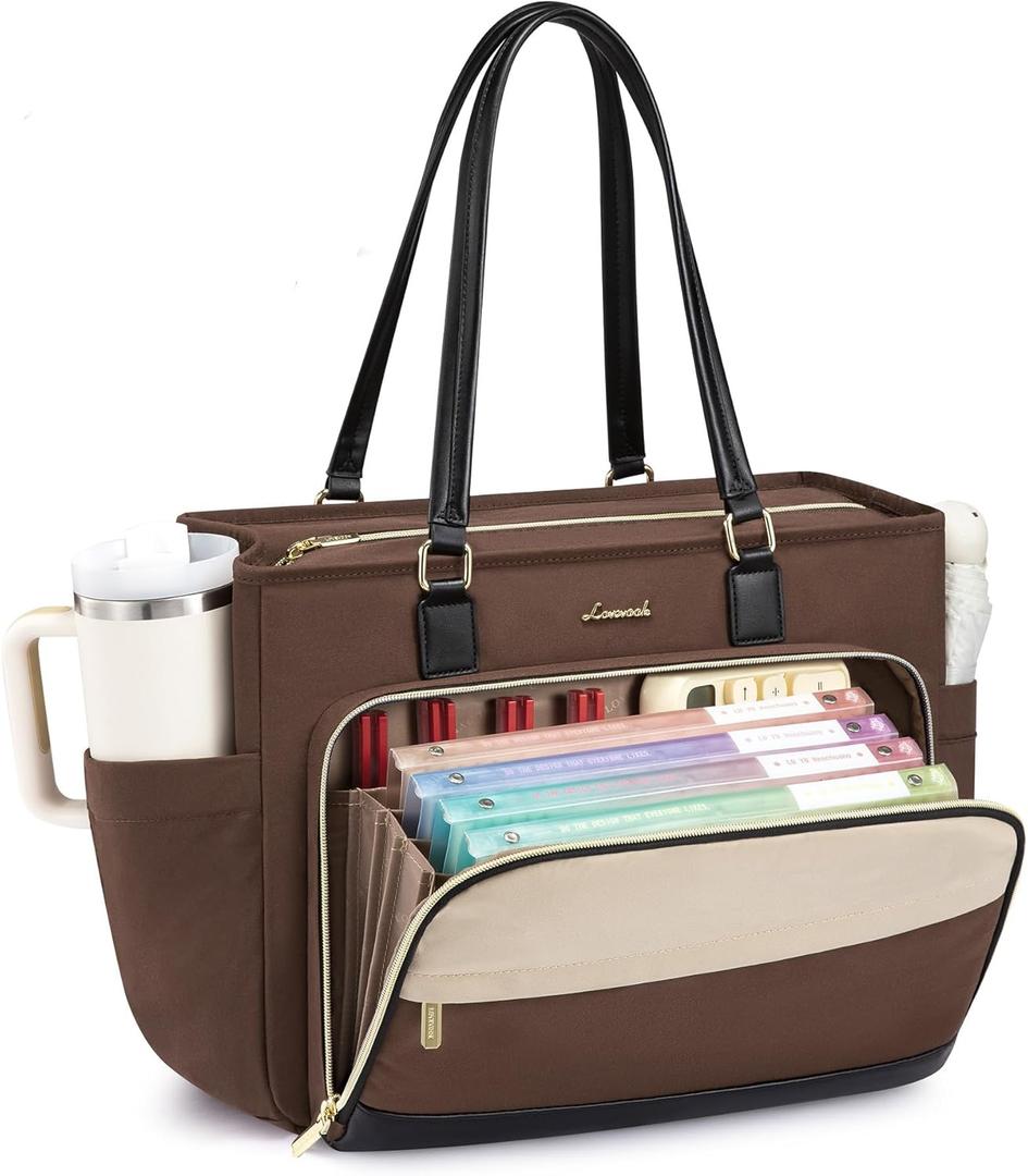 LOVEVOOK Teacher Tote Bag, Laptop Bag for Women with Large Cup Holder & Accordion File Area, Work Tote Bag for Business (15.6 inch, Coffee Brown-khaki-black)