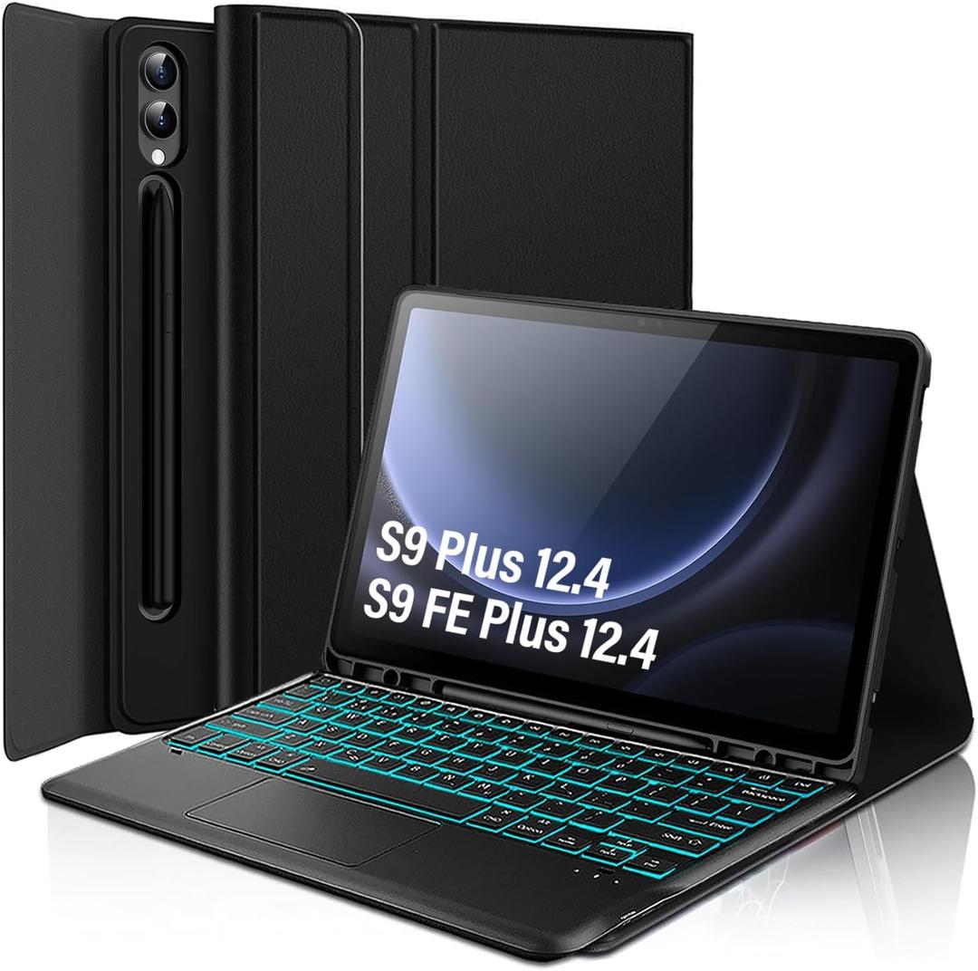 Touchpad Keyboard Case for Samsung Galaxy Tab S10+ Plus 2024/Galaxy Tab S9 FE+ Plus/Galaxy Tab S9+ Plus 12.4 Inch 2023, 7 Colors Backlight Wireless Keyboard PU Folio Stand Cover Case