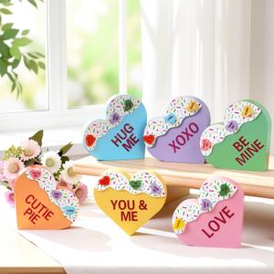 Thyle 6 Pcs Valentines Day Conversation Hearts Decor 3.2 Valentine Wooden Candy Heart Tiered Tray Table Decorations Sweet Sprinkle Wood Heart Be Mine Kiss Me Desk Sign for Centerpiece Home Party