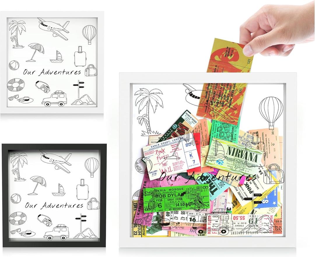 Travel Tickets Collection Shadow Box Frame, Funny Display Box for Collecting Tickets of Sporting Travelling Events  Piggy Bank Frame Memory Box with Slot on Top, White 8x8