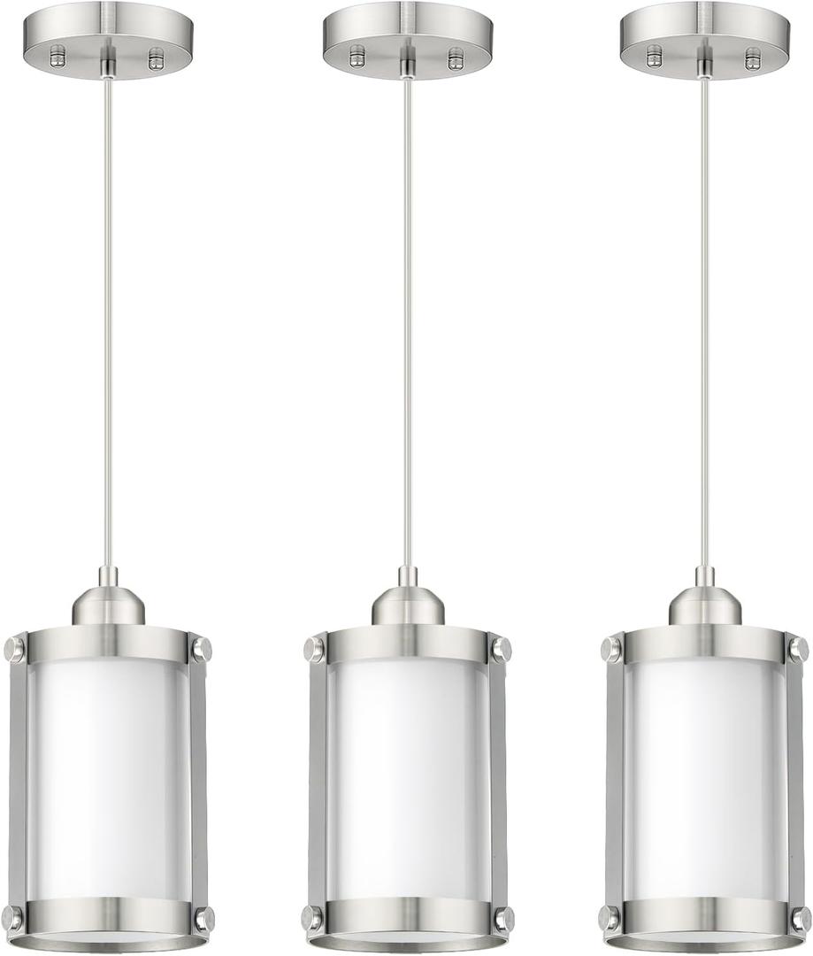 Brushed Nickel Pendant Lights Kitchen Island 3 Pack, Modern Kitchen Pendant Lighting Over Island with Milk Glass, Farmhouse Mini Hanging Light for Sink Dining Room, OS-3014-3PBN