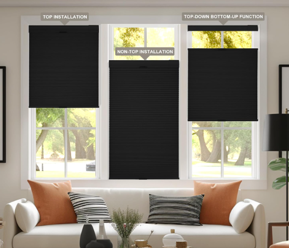 Boolegon No Drill No Tools Cellular Shades Top Down Bottom Up Honeycomb Blinds Blackout Cordless Window Blinds Easy to Install Cellular Shade for Windows,Blackout-Black,24" W x 64" H