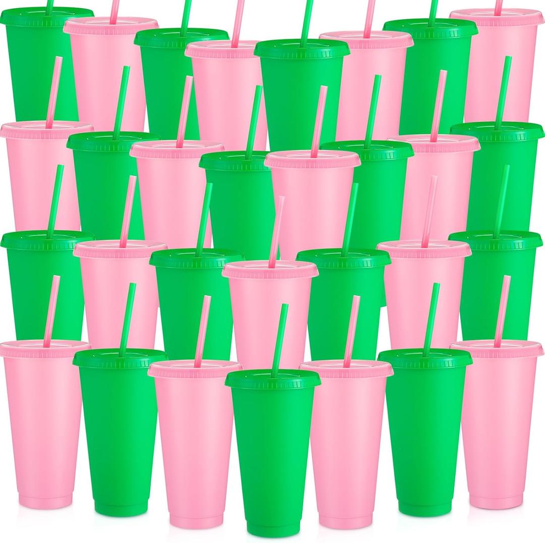 Honeydak 30 Pack Tumbler with Straw and Lid Bulk Cups for Gifts Water Bottle Iced Coffee Travel Mug Cup Reusable Plastic Tumblers for Party Birthdays 24-27 oz (Pink and Green Color)