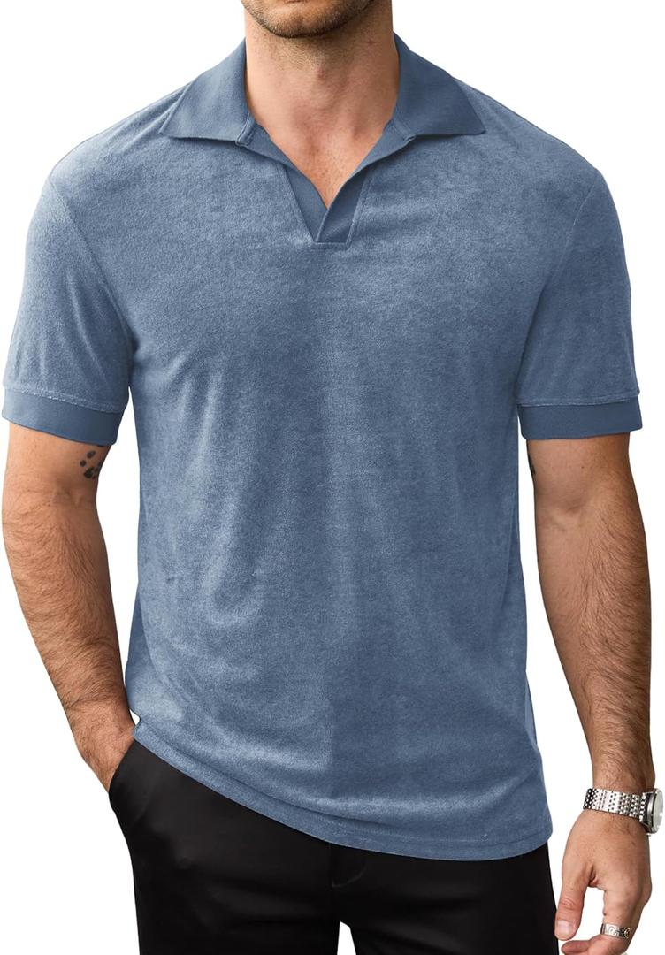 Mens Terry Polo Shirts Johnny Collar Casual Summer Short Sleeve Buttonless Shirt (Blue, M)