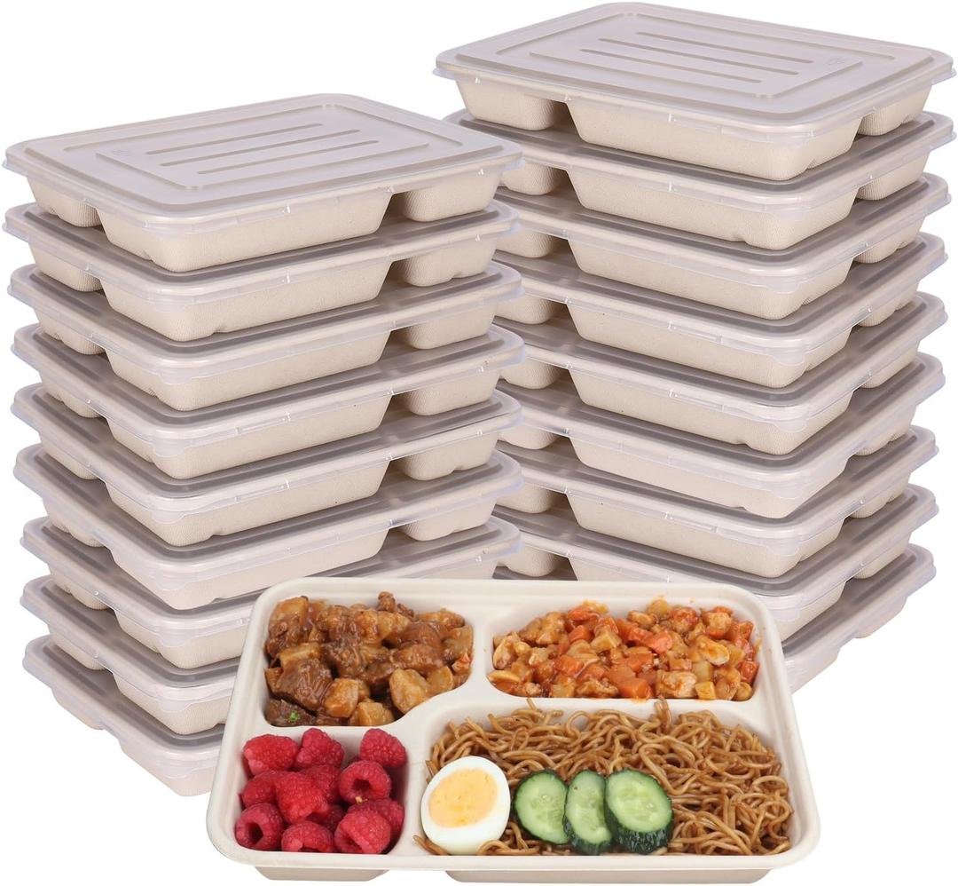 40 oz 4 Compartments disposable Sugarcane Fiber plates with Lids Bagasse Plant Fibers Freezer Safe 25 Pack