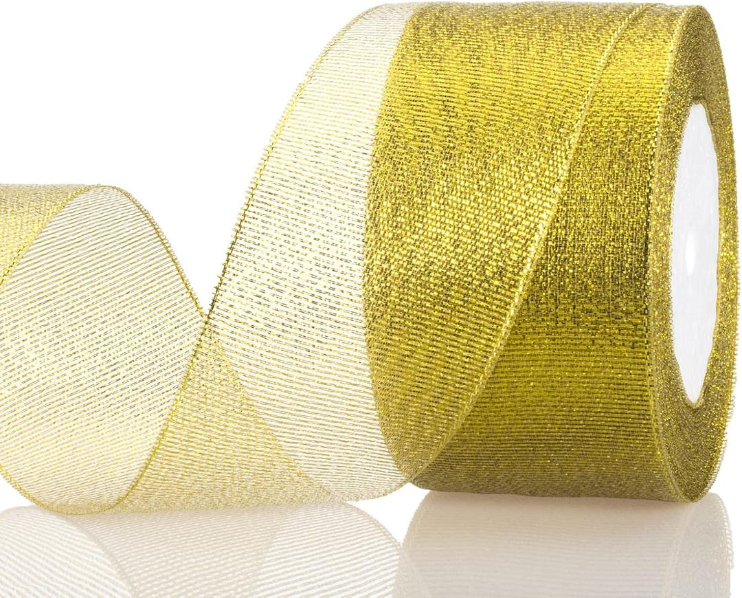 2 Inches Gold Glitter Ribbon, 25 Yards Sparkly Metallic Fabric Ribbons for Gifts Wrapping Wedding Party Decoration and Crafts