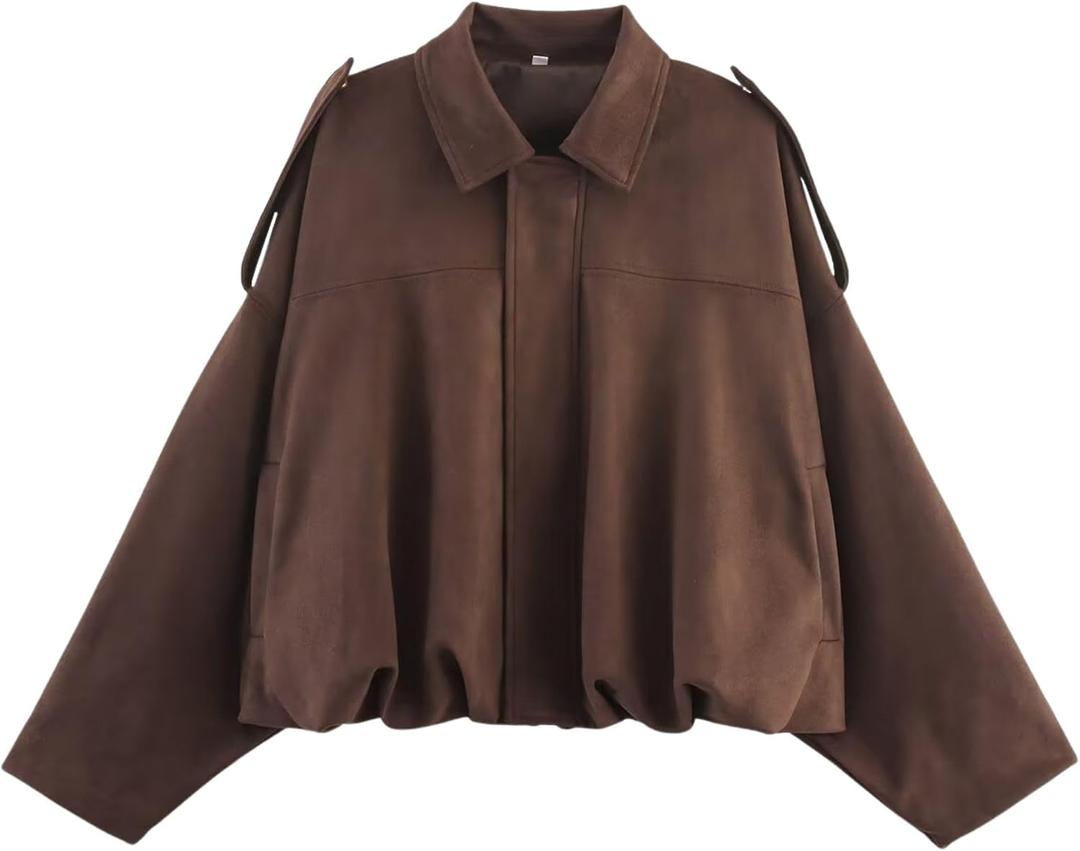Xunger Women's Faux Suede Bomber Jacket Spring Lapel Pilot Coat Casual Oversized Long Sleeves Trendy Streetwear Outerwear, Brown, Medium