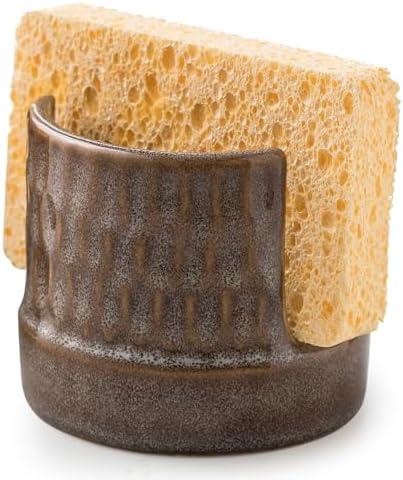 Zoeeker Sink Sponge Holder, Ceramic Dish Sponge Holder for Kitchen Sink Dish Rack Caddy for Bathroom, Sponges, Scrubbers, Brown and Gray