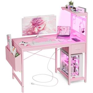 Grandder Gaming Desk 40 Inch with Power Outlet and LED Light, Computer Desk with Reversible Shelves and Storage Drawer, Pc Small Desk for Home Office Table with Bag, Carbon Fiber Pink