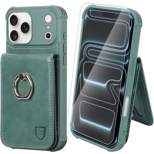 VANAVAGY Compatible for iPhone 17 Pro Max Wallet Case with RFID Blocking Card Holder, [Screen Protector] PU Leather Shockproof Case Magnetic Clasp Ring Kickstand Phone Cover for Women Men,Forest Green