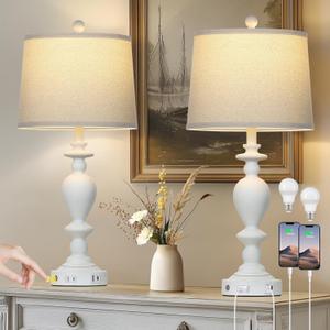 Cinkeda 28" White Farmhouse Table Lamps Set of 2 with USB C+A Ports & AC Outlet for Vintage Living Room Rustic Bedroom,3-Way Dimmable Touch Lamp Retro Resin Bedside Lamps for Nightstand Side Table