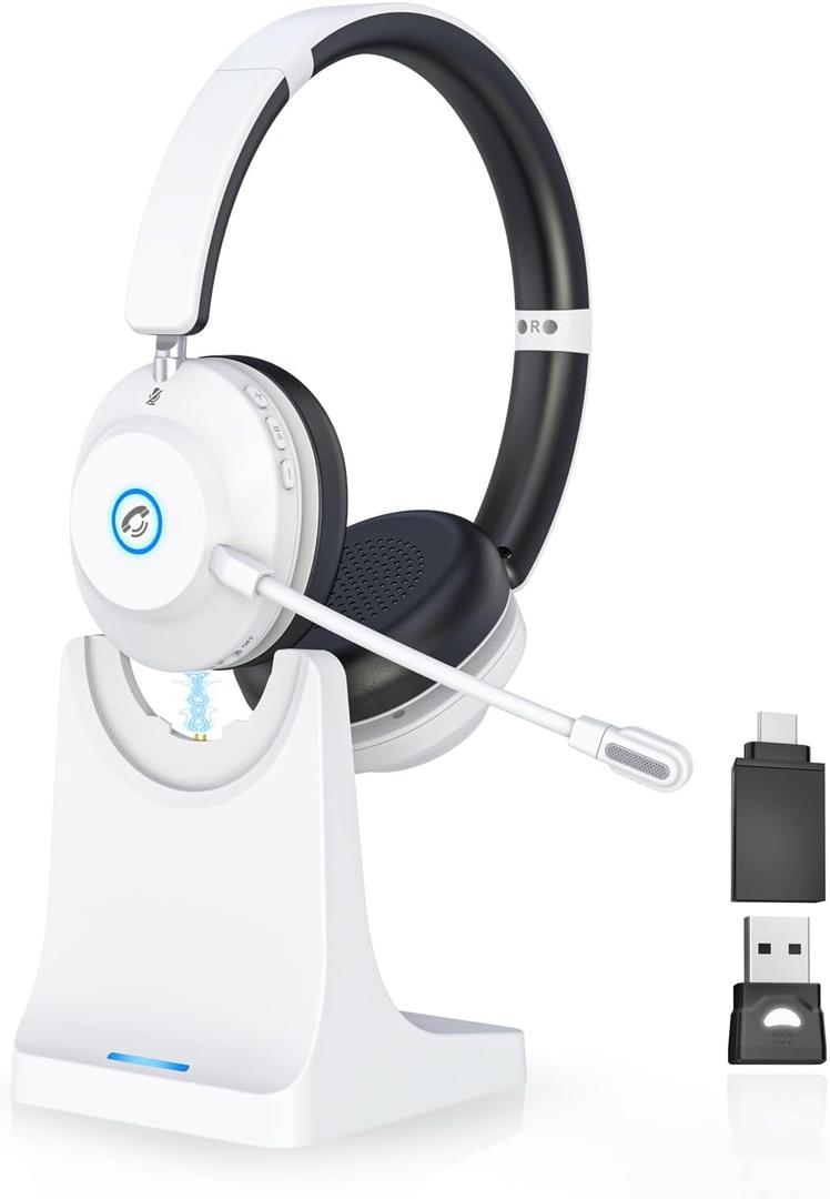 Earbay Bluetooth Headset, Wireless Headphones with Microphone ENC Noise Canceling & USB Dongle, V6.0 Wireless Bluetooth Headset with Mic Flip Mute Charge Dock for Work/Laptop/Phone/Meeting/CallCenter