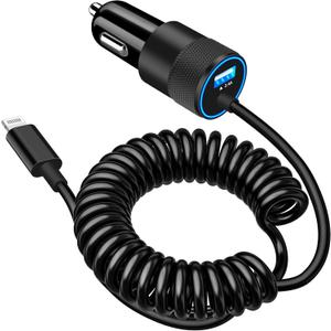 [Apple MFi Certified] iPhone Car Charger Fast Charging, Braveridge 4.8A USB Power Cigarette Lighter Car Carplay Charger Adapter with 6FT Coiled Lightning Cable for iPhone 14 13 12 11 XS XR X 8 SE iPad (Black---Built-in Coiled Cable)