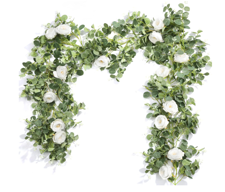 Der Rose 4 Pcs 13Ft Artificial Eucalyptus Flower Garland with Fake Silk Rose Flower Vine Seeded Eucalyptus Leaves Greenery Garland for Wedding Arch Table Wall Backdrop Party Room Decor (White)