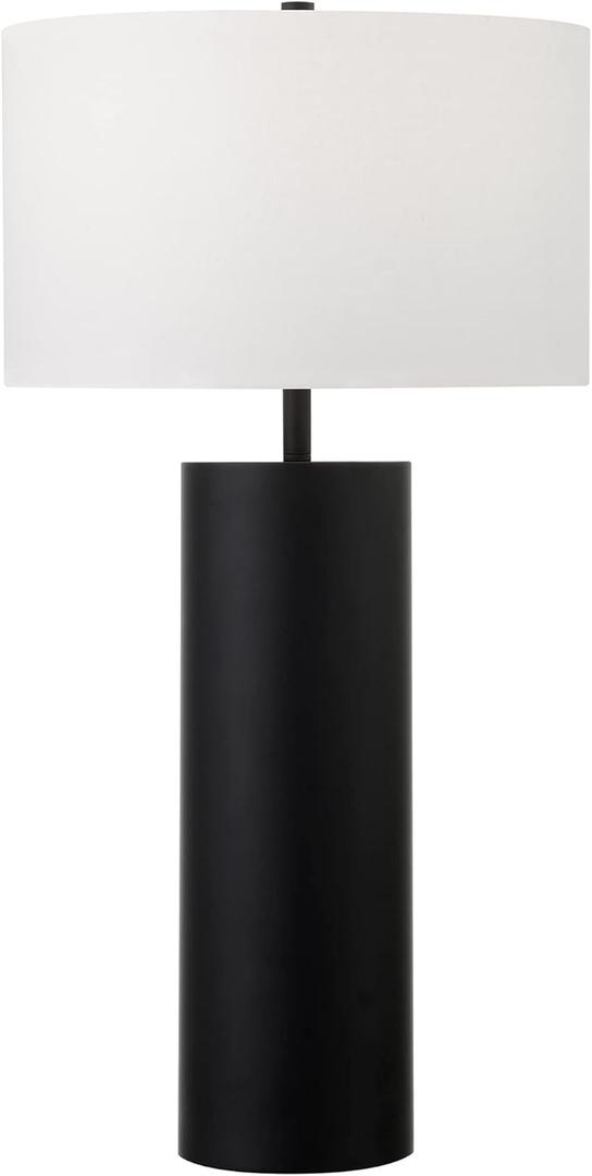Henn&Hart 29.5" Mid-Century Modern 1-Light Table Lamp with White Fabric Drum Shade for Living Room, Bedroom, or Office, Black (30")