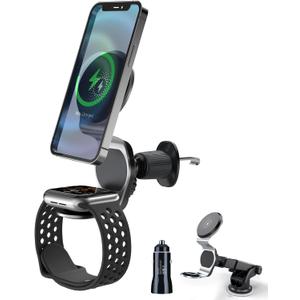 ALIOBC 2 in 1 Wireless Car Charger, MagSafe Mount, 15W Magnetic Fast Charging for iPhone 15/14/13/12/Apple Watch/Magsafe Case With 7 Color LED