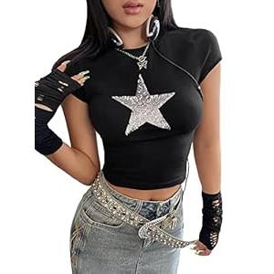SOLY HUX Women's Summer Star Print Cap Sleeve Tee T Shirts Casual Crop Tops Black M