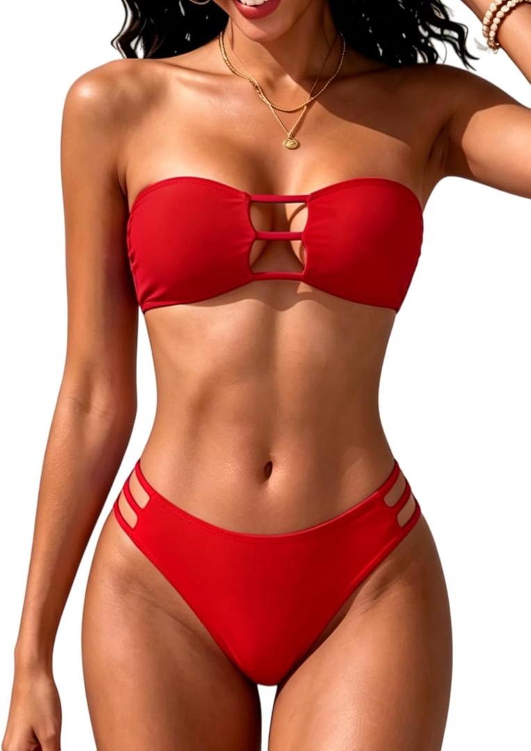 Tainehs Women's Two Piece Strapless Bikini Sets Bandeau Cutout Swimsuit High Cut Bathing Suits, Red Medium