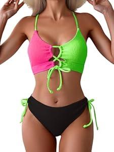 B2prity Women's Sexy Bikini Set Color Block Lace Up 2 Piece Bathing Suit Tie Side Swimsuit (Tie Side Swimsuit L)