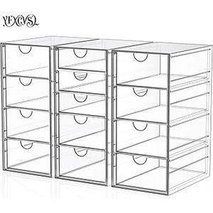 Acrylic Desk Organizers And Accessories, Office Desktop Drawers, Plastic Makeup Organizer Containers Bins With Drawers Desk Organization, Bathroom Organizers Storage Case Box Cube, 4 Pack 
