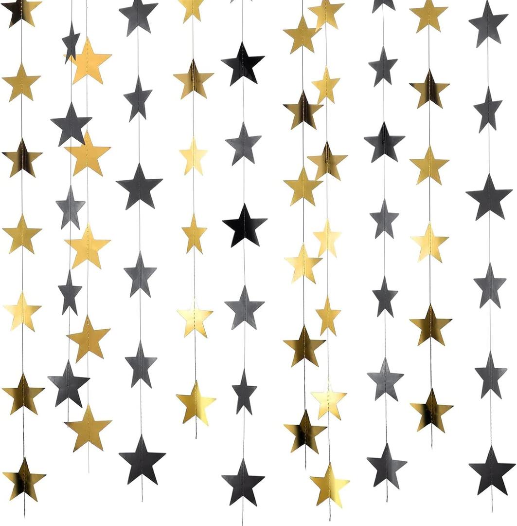 Patelai 130 Feet Glitter Star Garland Banner Decoration Hanging Star Decoration Gold Black Party Decorations for Graduation Wedding Birthday Festival Party Decor(Gold and Black,10)