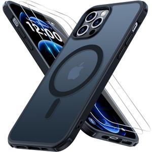 Magnetic for iPhone 12 Case/iPhone 12 Pro Case [Compatible with MagSafe] with 2X Screen Protector, Military-Grade Slim Shockproof Translucent Phone Cover for iPhone 12/12 Pro 6.1inch, Black