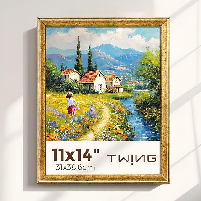 TWING 11x14 Picture Frame,Display Pictures 8x10 with Mat or 11x14 Without Mat,Ornate Picture Frames for Wall Mounting or Table Display,Rustic Gold,1 Pack