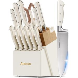 Knife Set,Astercook Kitchen Knife Set with Block 14-Piece Full Tang Stainless Steel Knives with Sharpener Dishwasher Safe and Anti-Slip Ergonomic Handle Valentine's Gift Utensils Set