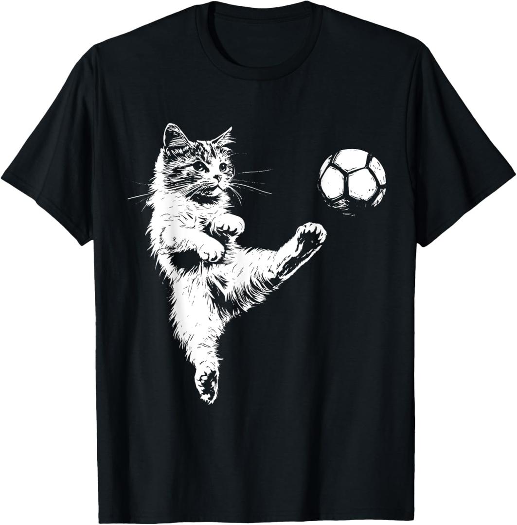 Funny Cat Soccer Ball Graphic T-Shirt (Small, Black)