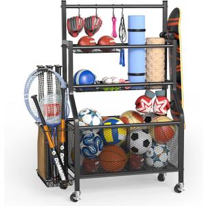 Garage Sports Equipment Organizer - Ball Storage Rack Heavy Duty Steel Ball Storage with 360 Rotaing Casters, Sports Organizer for Garage, Ball Rack for Basketball, Indoors and Outdoors
