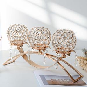 Set of 3 Gold Crystal Tea Light Candlestick Holders Flower Shape with Crystal Pendant Bowl Votive Metal Candle Holder for Table Centerpieces Wedding Home Decor (Set of 3, Gold)