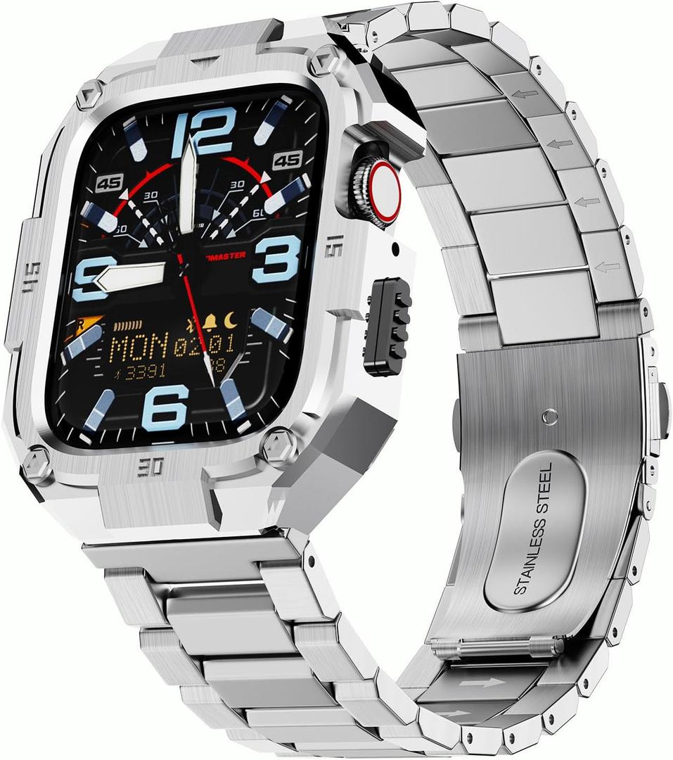 MOFREE Stainless Steel Watch Band with Case Compatible for Apple Watch 45mm Series 9/8/7 for Men, Rugged Strap with Metal Protective Bumper Cover for iWatch Band 45mm Silver