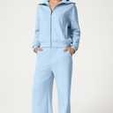 QINSEN Women's 2 Piece Outfits Long Sleeve Zip Up Lapel Sweatshirt Wide Leg Pants with Pockets Matching Sets Sky Blue, M