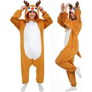 3D Hooded Animal Onesie Costume for Adults - Christmas Xmas Holiday Festival Cosplay One-Piece Pajamas (Small, Reindeer)
