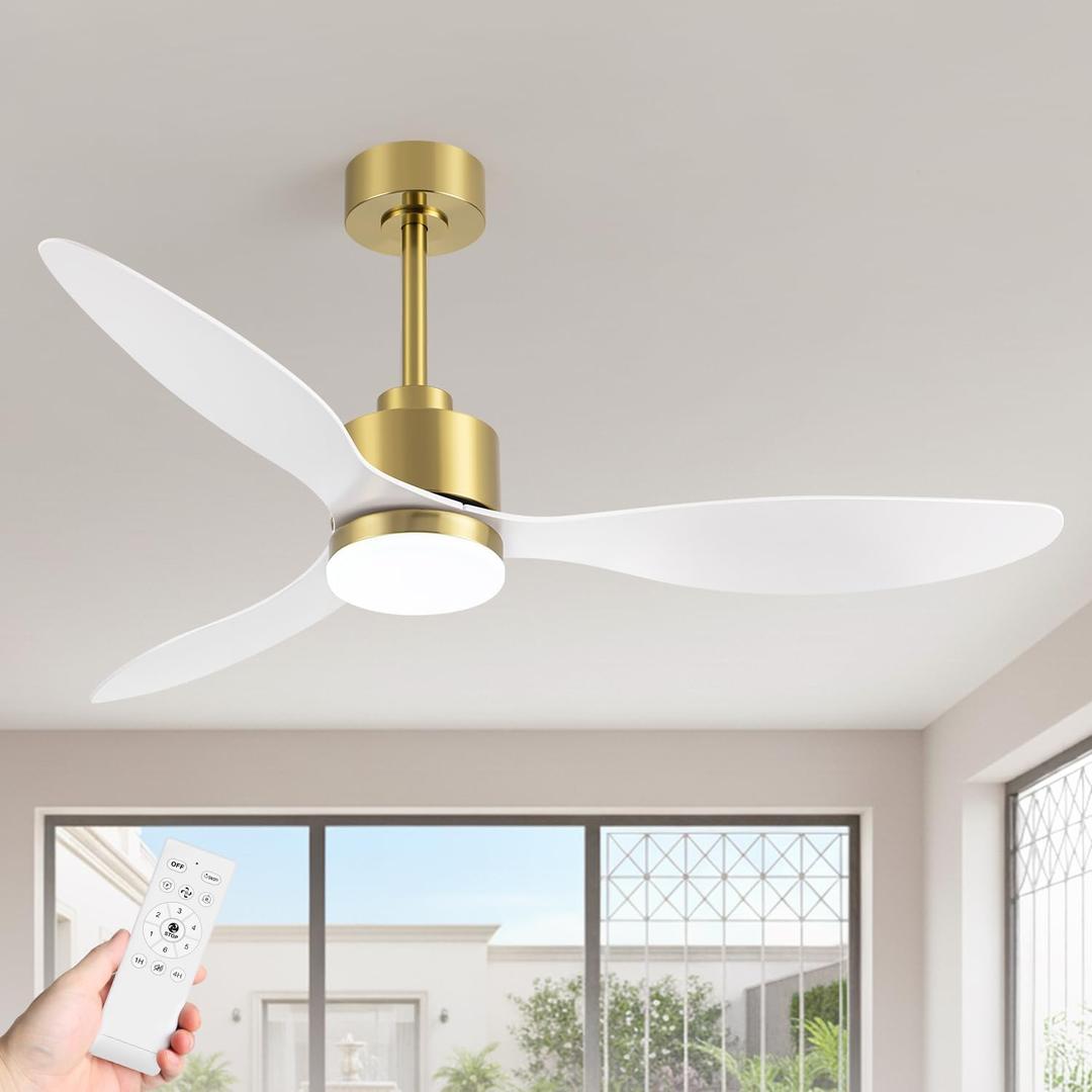 52" Contemporary Ceiling Fans with Lights and Remote, Quiet DC Motor, 3 Reversible Blades, 6-Speed, Modern Gold and White Low Profile Ceiling Fan with 3-Color LED Light Fandelier for Bedroom
