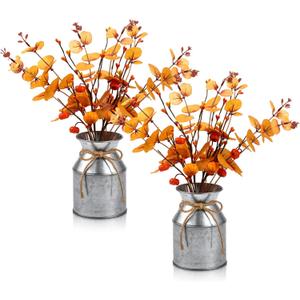 2 Set Thanksgiving Fall Table Centerpiece Decorations Artificial Orange Pumpkins Eucalyptus with Metal Vase Faux Pumpkins Plants in Pots for Autumn Harvest Party Home Dining Table Decor